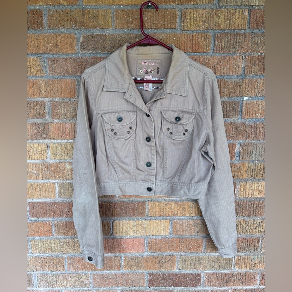 Vintage Star Jeans Y2K Tan Cropped Long Sleeve Denim Jean Jacket Sz XL